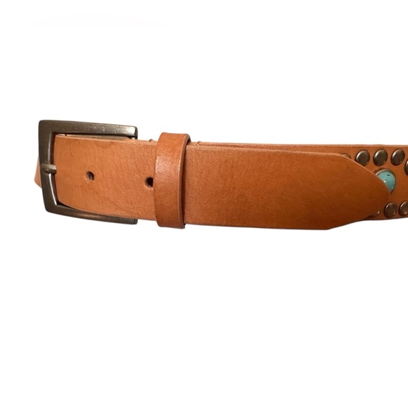 Steve Madden Studded Tan Leather Western Belt Faux Turquoise Boho Cowgirl Small - Picture 11 of 14